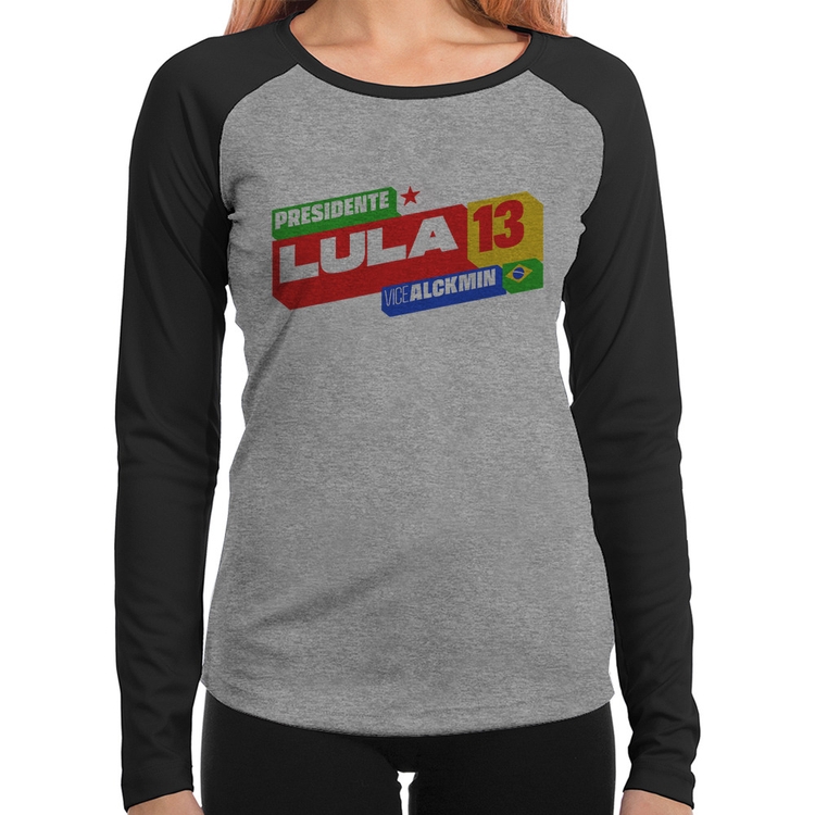 Baby Look Raglan Presidente Lula 13 PT 2026 Manga Longa - Cinza/Preto