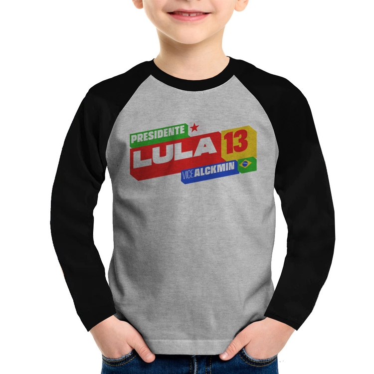Camiseta Raglan Infantil Presidente Lula 13 PT 2026 Manga Longa - Cinza/Preto