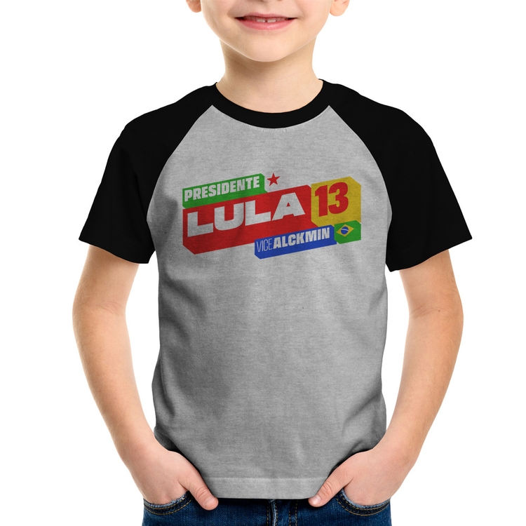 Camiseta Raglan Infantil Presidente Lula 13 PT 2026 - Cinza/Preto