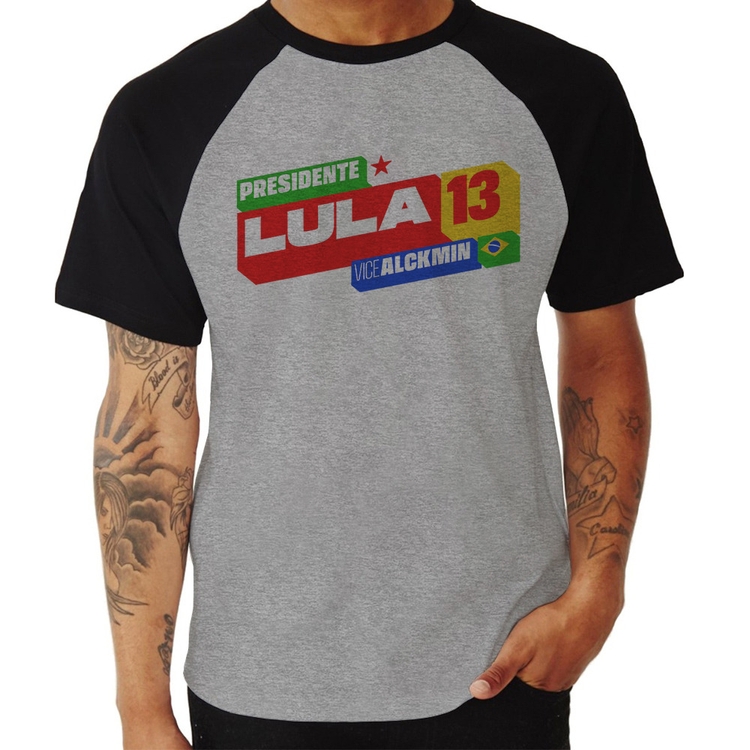 Camiseta Raglan Presidente Lula 13 PT 2026 - Cinza/Preto