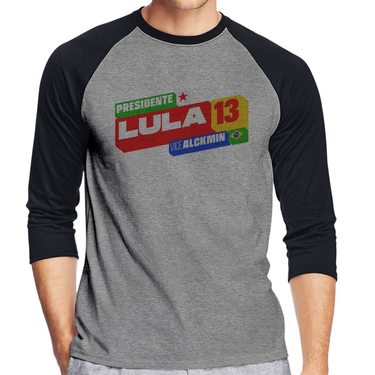 Camiseta Raglan Presidente Lula 13 PT 2026 Manga 3/4 - Cinza/Preto