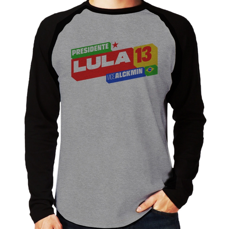 Camiseta Raglan Presidente Lula 13 PT 2026 Manga Longa - Cinza/Preto