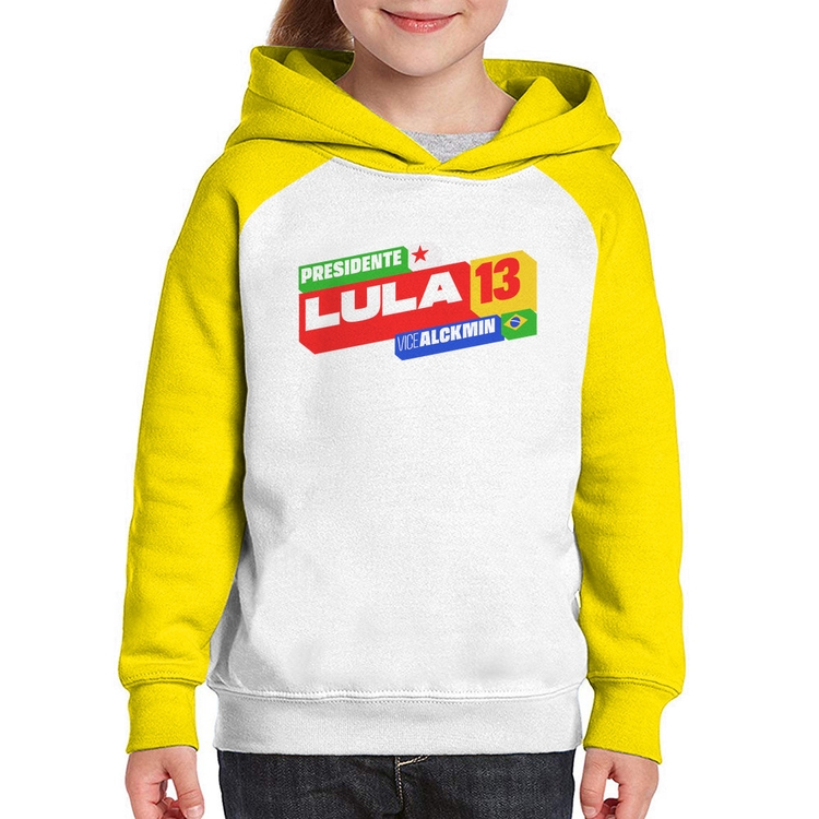 Moletom Infantil Presidente Lula 13 PT 2026 - Branco/Amarelo