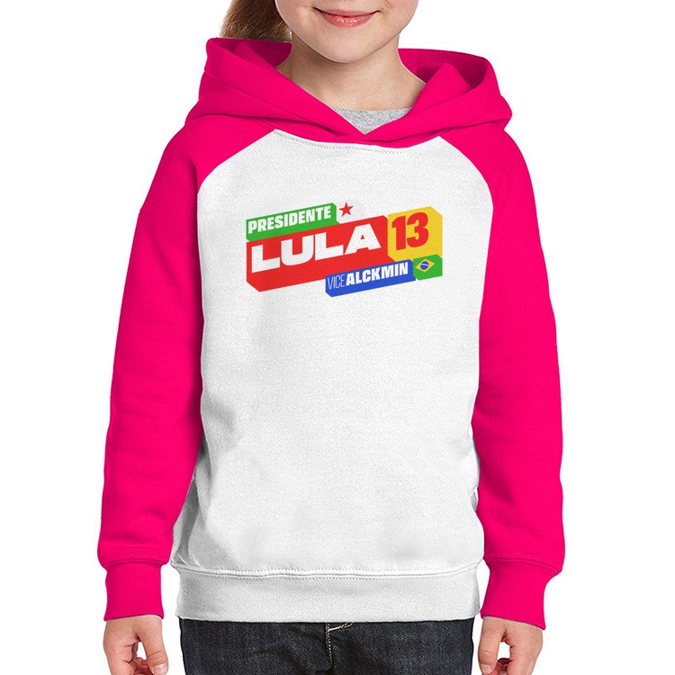 Moletom Infantil Presidente Lula 13 PT 2026 - Branco/Rosa