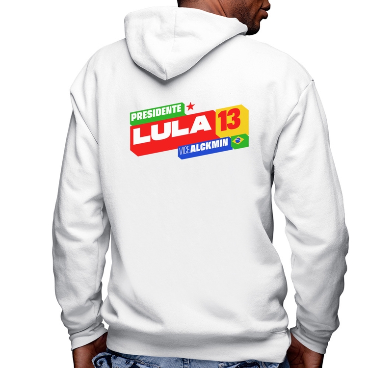 Blusa Moletom Presidente Lula 13 PT 2026 Masculina com Capuz e Zíper - Branca