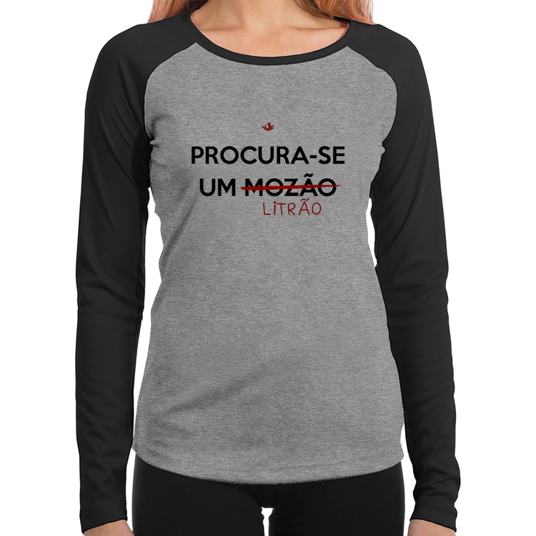 Baby Look Raglan Procura-se um Litrão Manga Longa - Cinza/Preto