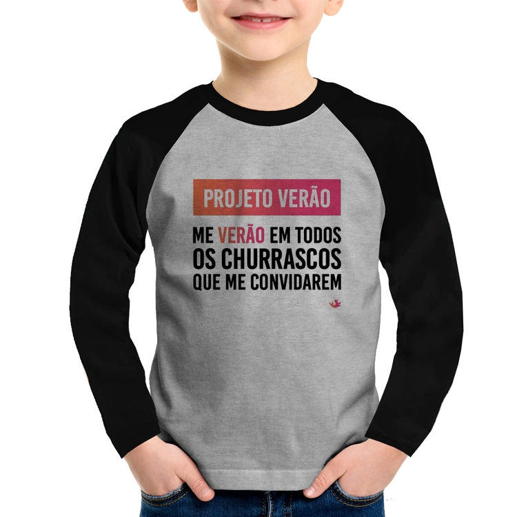 Camiseta Raglan Infantil Projeto Verão Manga Longa - Cinza/Preto