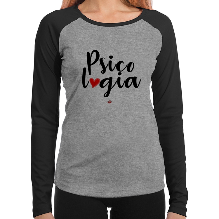 Baby Look Raglan Psicologia por amor Manga Longa - Cinza/Preto