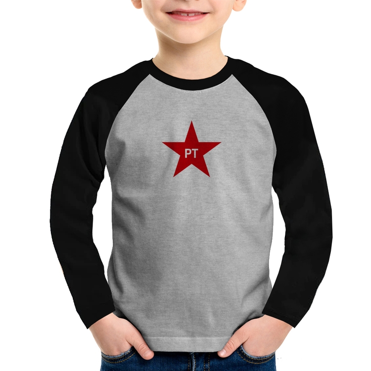 Camiseta Raglan Infantil PT - Lula Manga Longa - Cinza/Preto