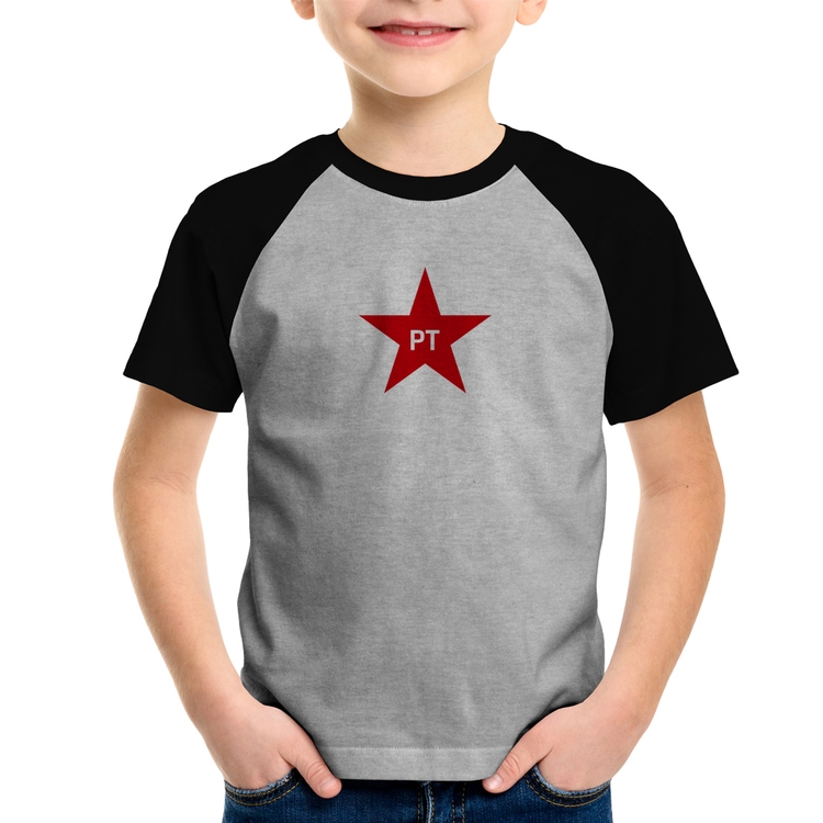 Camiseta Raglan Infantil PT - Lula - Cinza/Preto