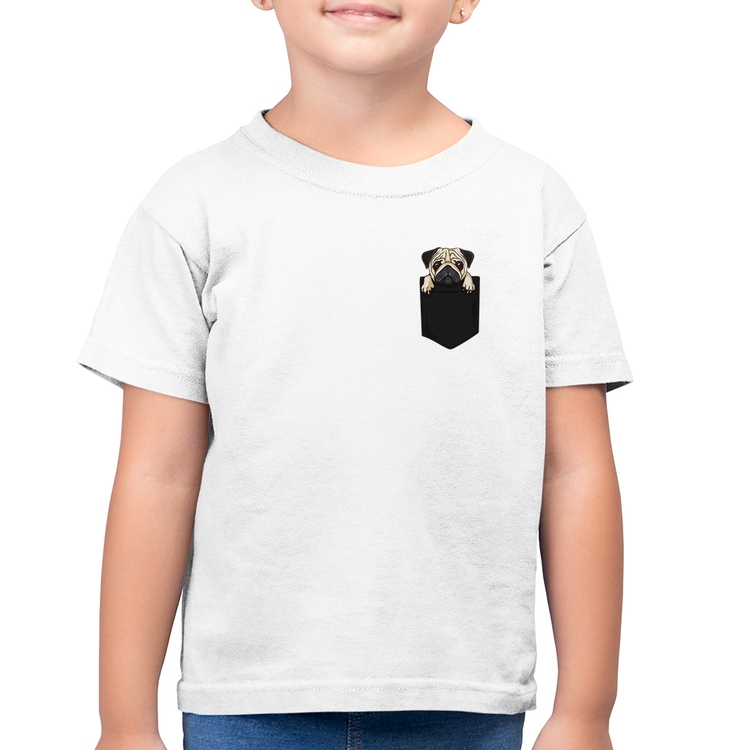 Camiseta Algodão Infantil PUG de Bolso - Branca