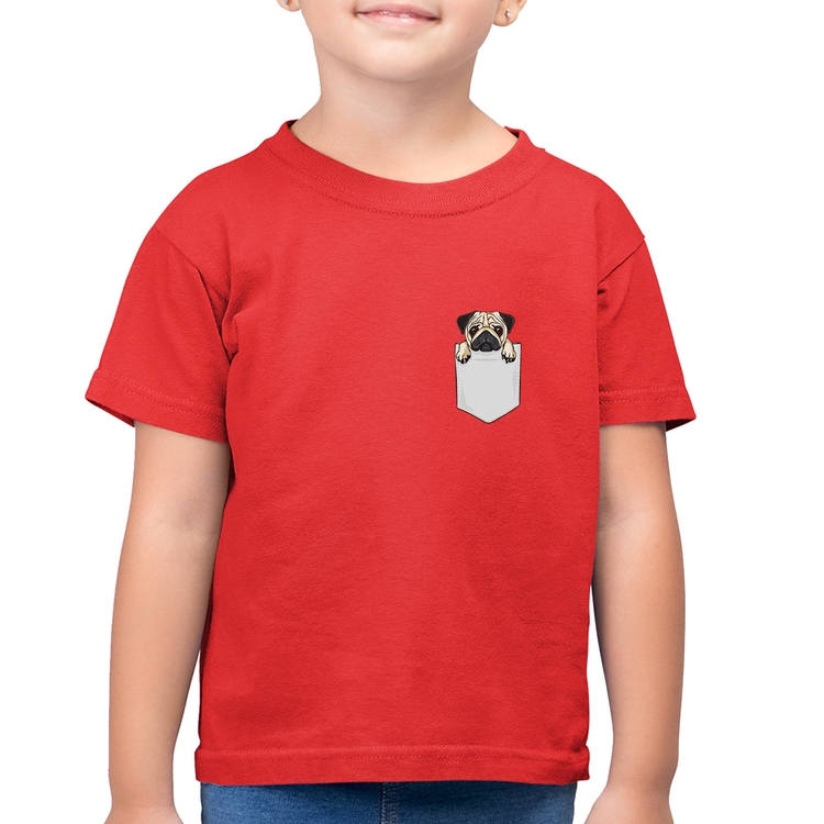 Camiseta Algodão Infantil PUG de Bolso - Vermelha