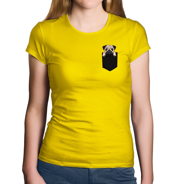 Baby Look Algodão PUG de Bolso - Amarela