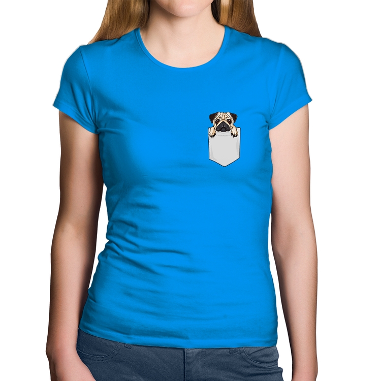 Baby Look Algodão PUG de Bolso - Azul