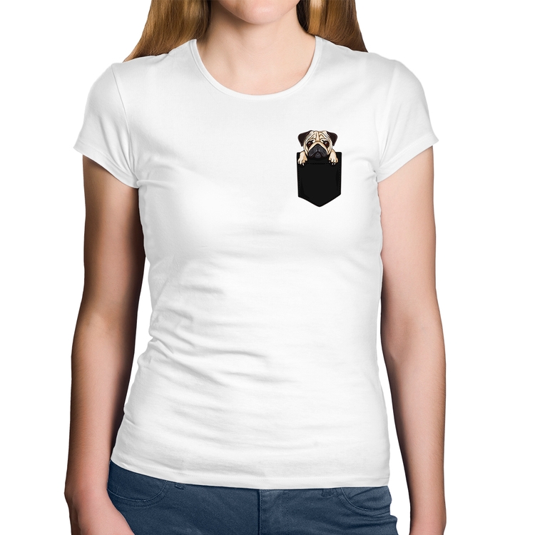 Baby Look Algodão PUG de Bolso - Branca