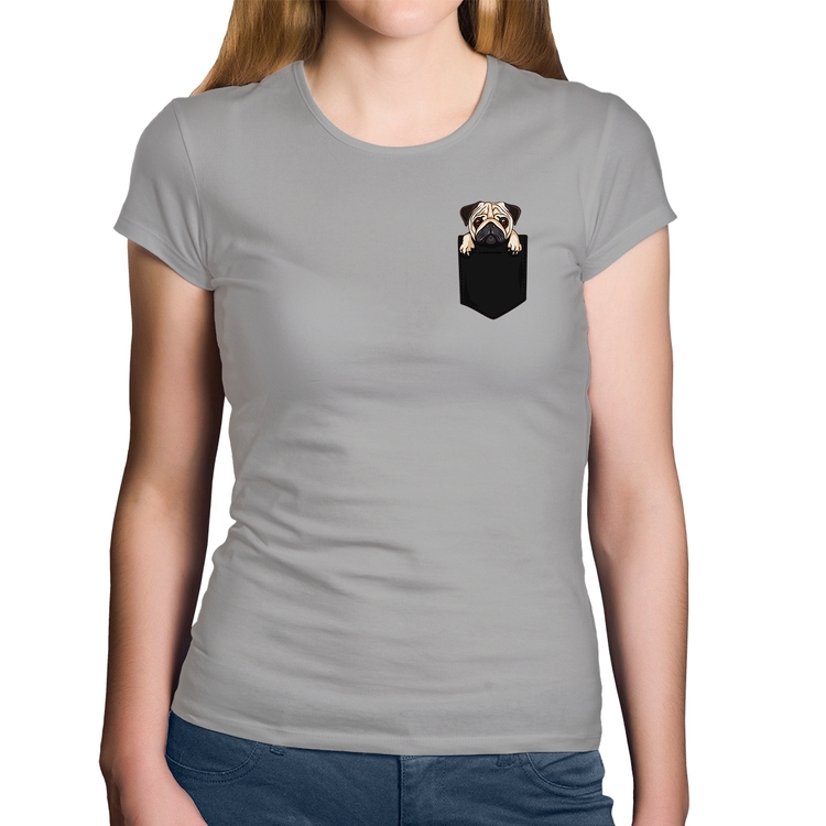 Baby Look Algodão PUG de Bolso - Cinza