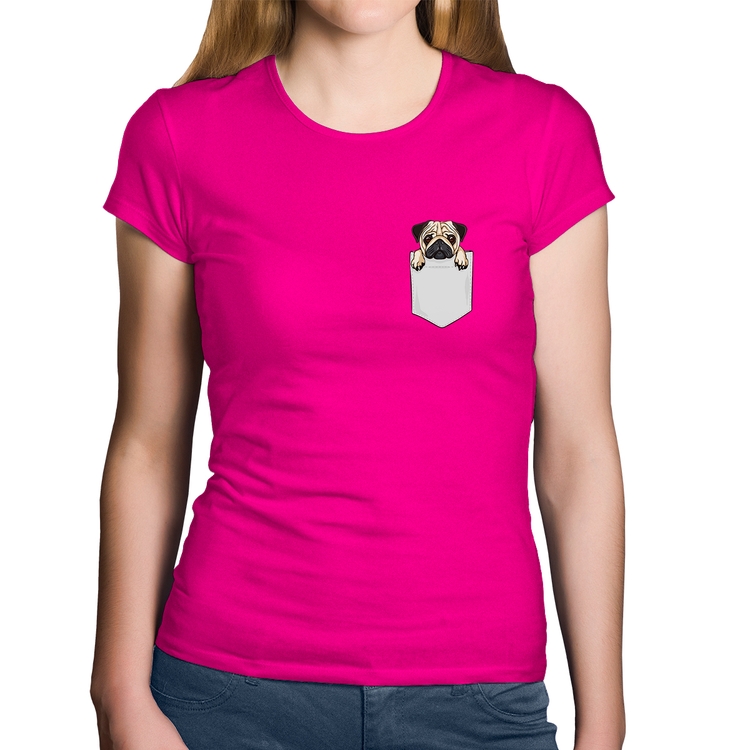 Baby Look Algodão PUG de Bolso - Rosa