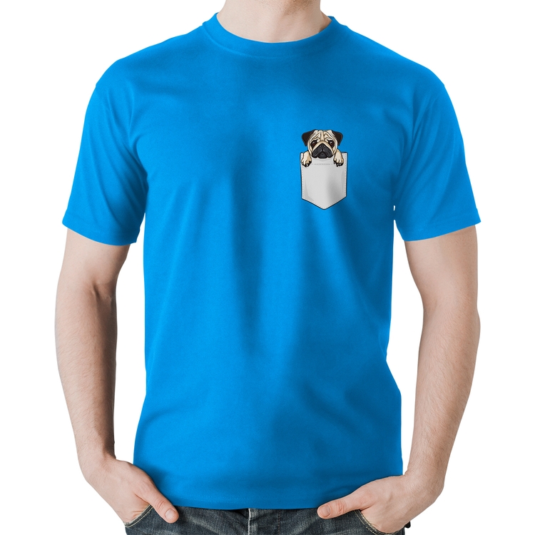 Camiseta Algodão PUG de Bolso - Azul