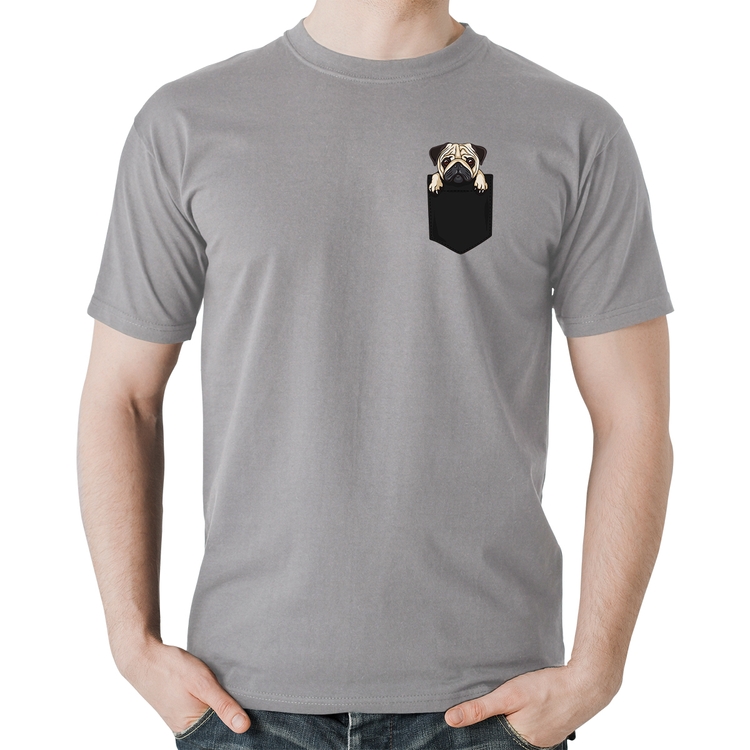 Camiseta Algodão PUG de Bolso - Cinza