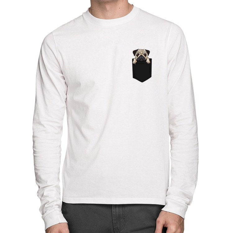 Camiseta Algodão PUG de Bolso Manga Longa - Branca