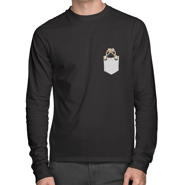 Camiseta Algodão PUG de Bolso Manga Longa