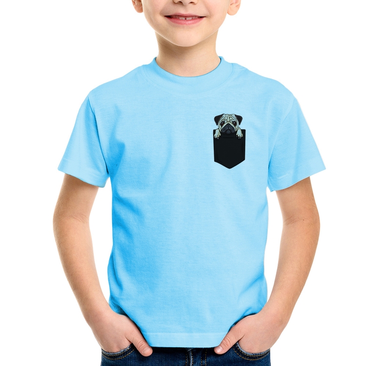 Camiseta Infantil PUG de Bolso - Azul Bebê