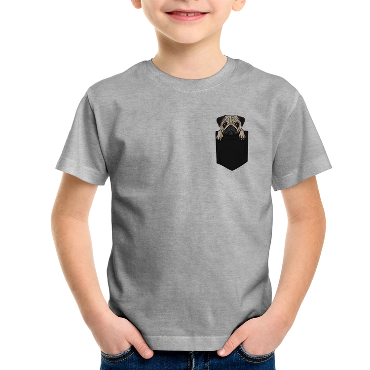Camiseta Infantil PUG de Bolso - Cinza