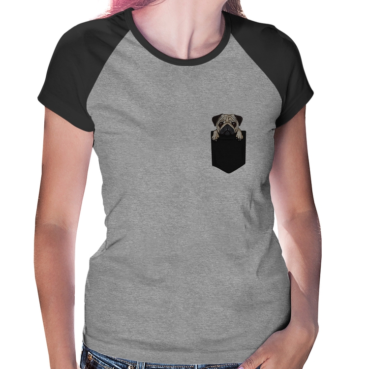 Baby Look Raglan PUG de Bolso - Cinza/Preto