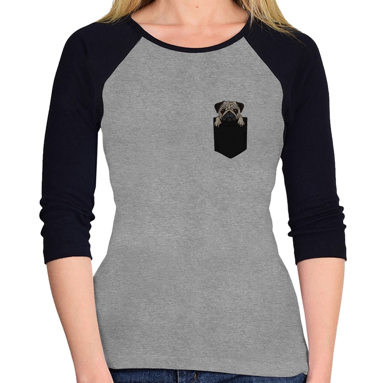 Baby Look Raglan PUG de Bolso Manga 3/4 - Cinza/Preto