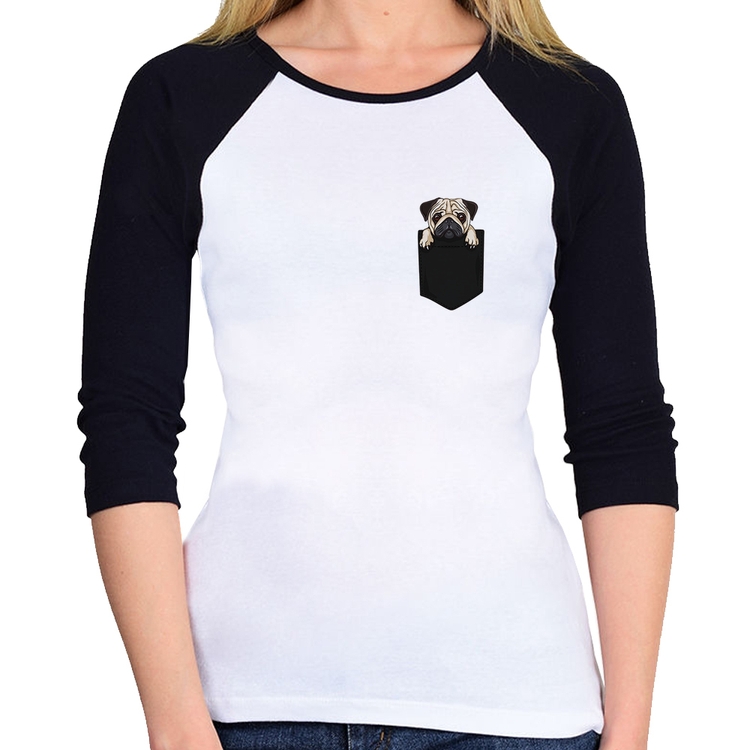 Baby Look Raglan PUG de Bolso Manga 3/4