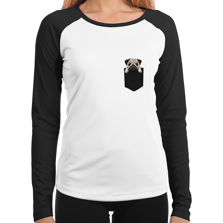 Baby Look Raglan PUG de Bolso Manga Longa