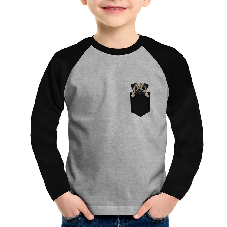 Camiseta Raglan Infantil PUG de Bolso Manga Longa - Cinza/Preto