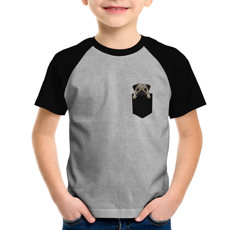 Camiseta Raglan Infantil PUG de Bolso - Cinza/Preto