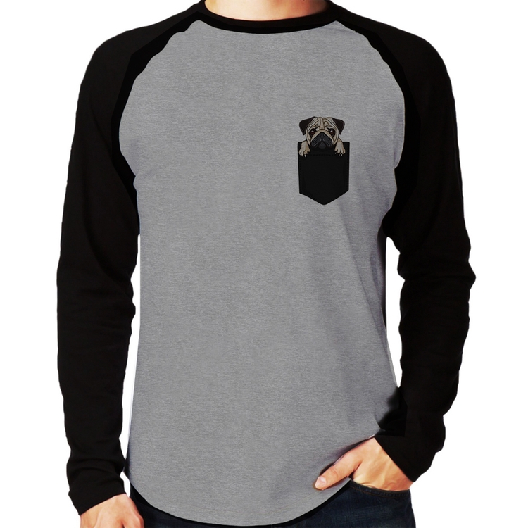 Camiseta Raglan PUG de Bolso Manga Longa - Cinza/Preto