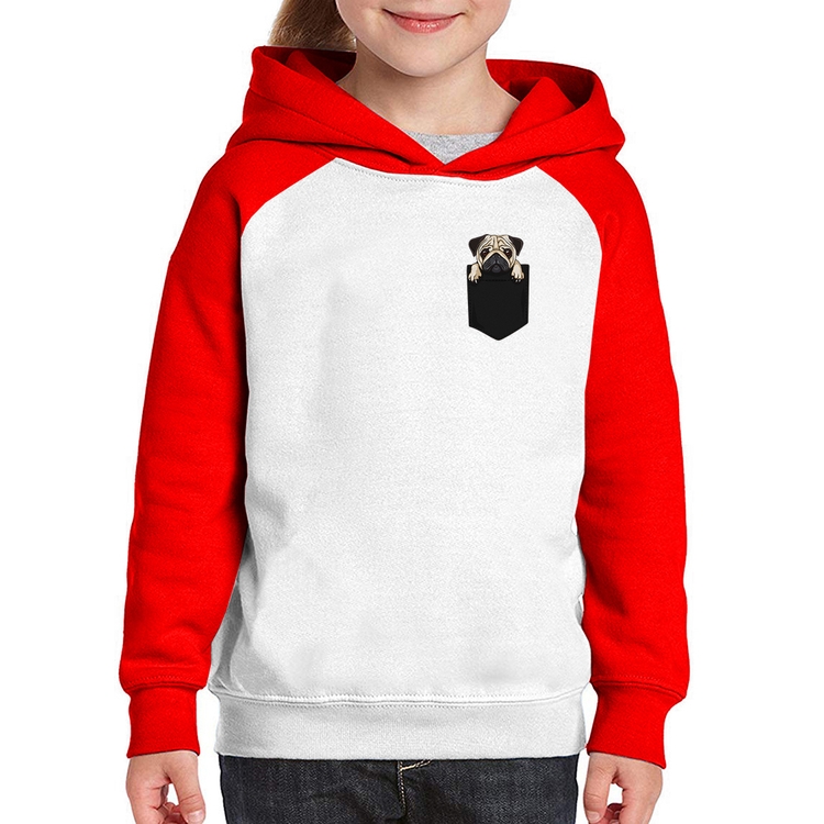 Moletom Infantil PUG de Bolso - Branco/Vermelho
