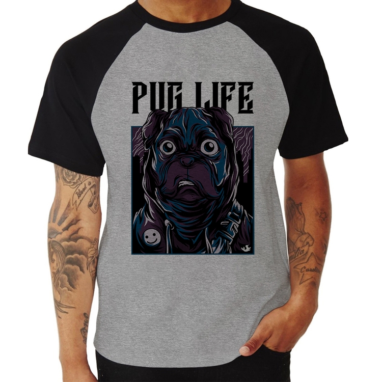 Camiseta Raglan Pug Life - Cinza/Preto