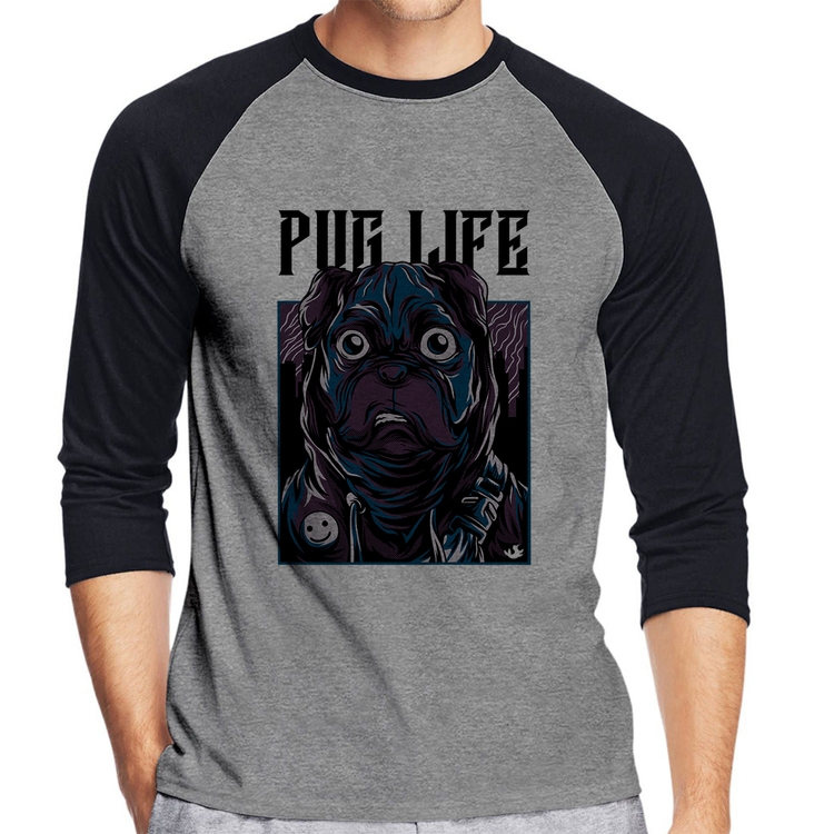 Camiseta Raglan Pug Life Manga 3/4 - Cinza/Preto
