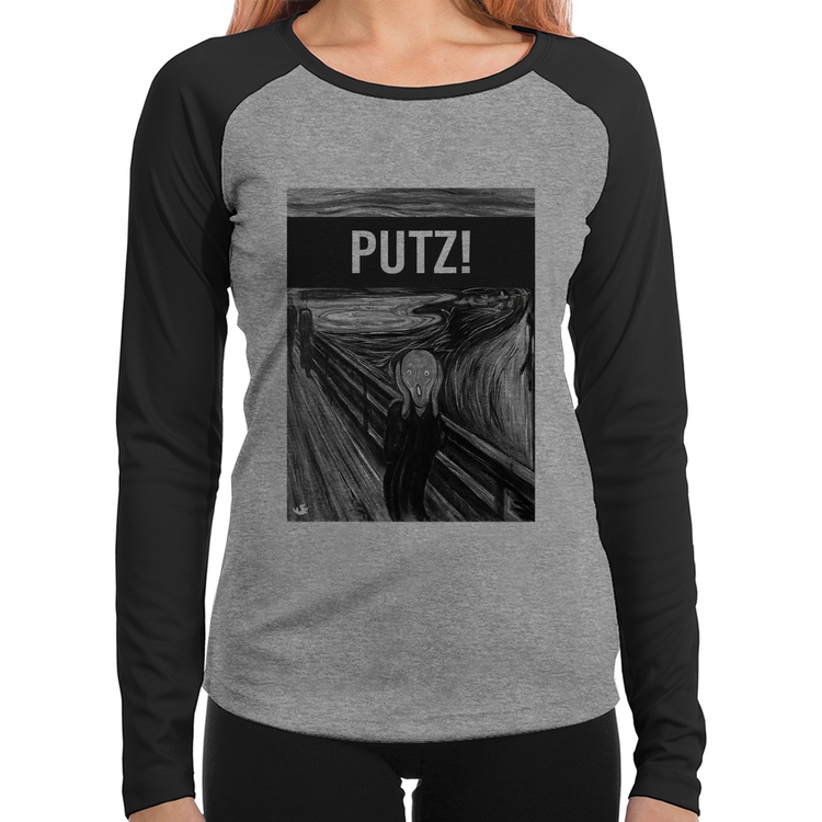 Baby Look Raglan PUTZ! Manga Longa - Cinza/Preto