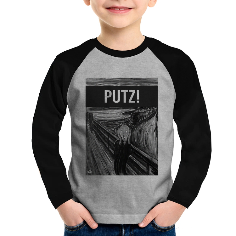 Camiseta Raglan Infantil PUTZ! Manga Longa - Cinza/Preto