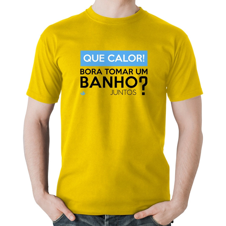 Camiseta Algodão Que calor! Bora tomar um banho juntos? - Amarela