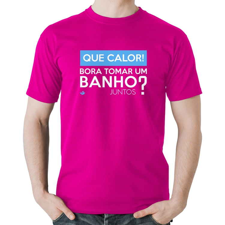 Camiseta Algodão Que calor! Bora tomar um banho juntos? - Rosa