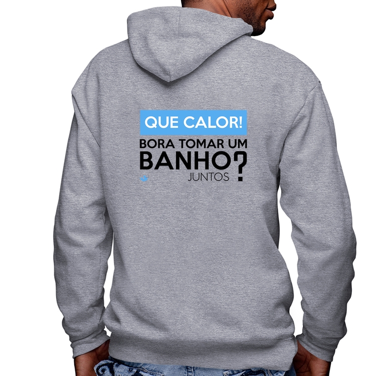 Blusa Moletom Que calor! Bora tomar um banho juntos? Masculina com Capuz e Zíper - Mescla