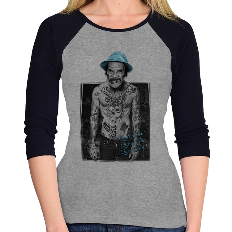 Baby Look Raglan Que que foi, que que foi, que que há? Manga 3/4 - Cinza/Preto