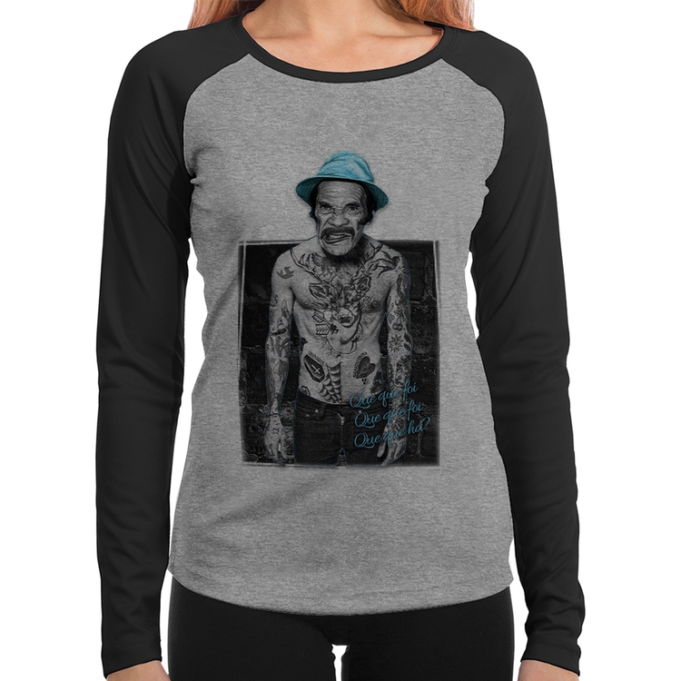 Baby Look Raglan Que que foi, que que foi, que que há? Manga Longa - Cinza/Preto