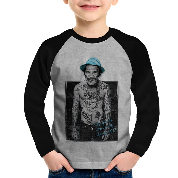 Camiseta Raglan Infantil Que que foi, que que foi, que que há? Manga Longa - Cinza/Preto