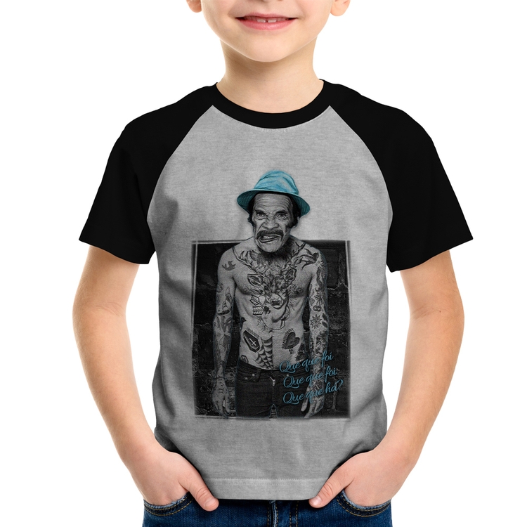 Camiseta Raglan Infantil Que que foi, que que foi, que que há? - Cinza/Preto