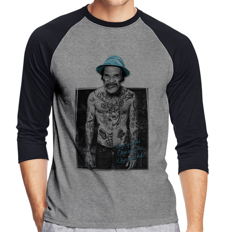 Camiseta Raglan Que que foi, que que foi, que que há? Manga 3/4 - Cinza/Preto