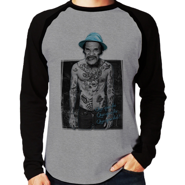 Camiseta Raglan Que que foi, que que foi, que que há? Manga Longa - Cinza/Preto