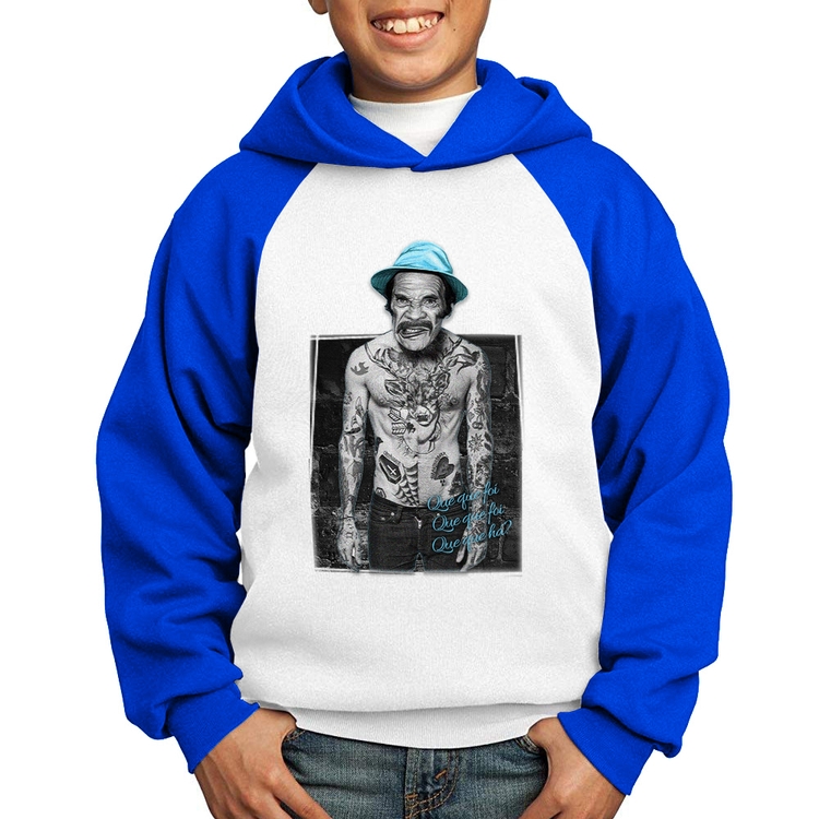 Moletom Infantil Que que foi, que que foi, que que há? - Branco/Azul