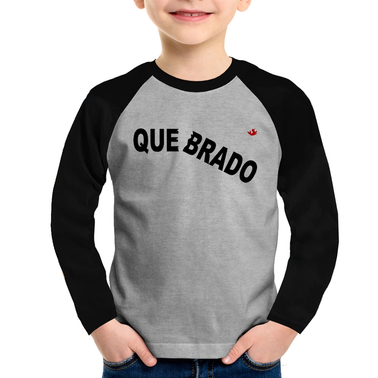 Camiseta Raglan Infantil Quebrado Manga Longa - Cinza/Preto